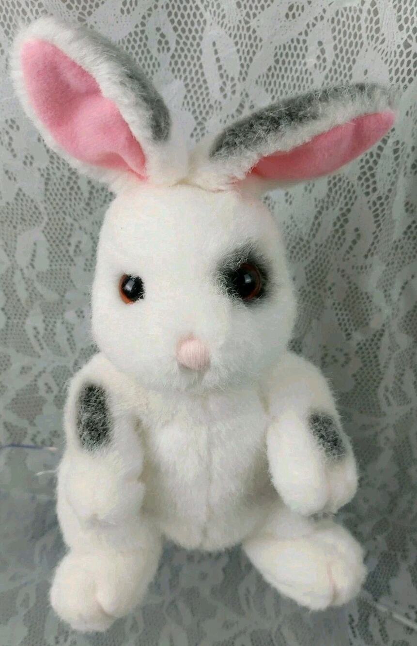 Dakin 1993 Bunny White Rabbit Black Spots Pink Ears 11" Plush Stuffed Vintage